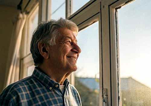 retired-man-stays-in-front-of-the-plastic-window-a retired-man-stays-in-front-of-the-plastic-window-a
